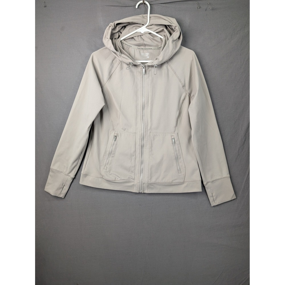 Calvin Klein Performance Womens XL Gray Full Zip Hooded Jacket Thumbholes 7871